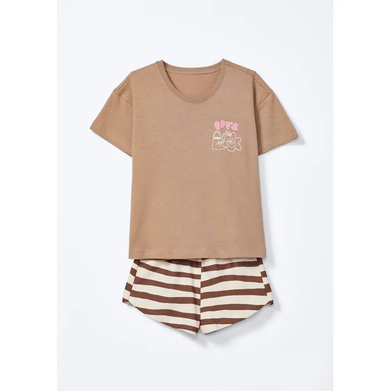 Conjunto Curto Infantil Menina Toddler Estampado - Marrom 001