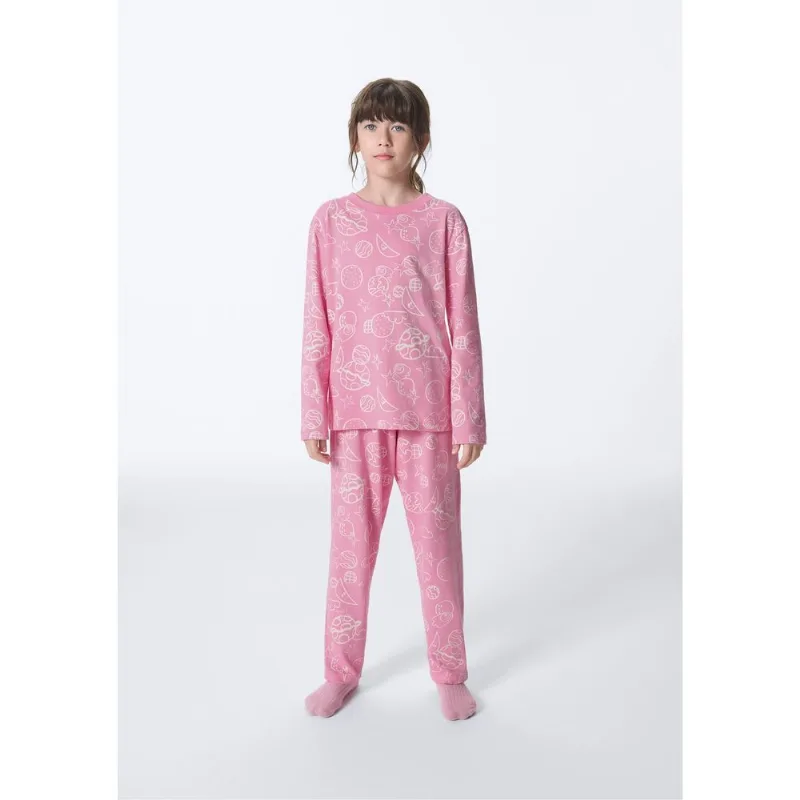 Conjunto de Pijama Longo Infantil Menina Estampado - Rosa 008