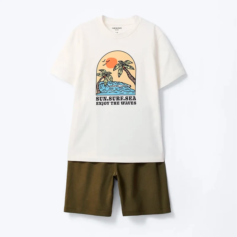 Conjunto Camiseta Manga Curta E Bermuda Hering Kids Estampado Masculino - Off-White 08 / Menino / Off-white