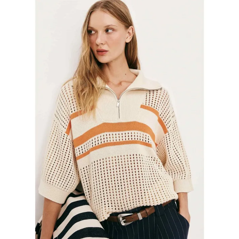 Blusa Polo Feminina Oversized Em Tricô - Off white XG