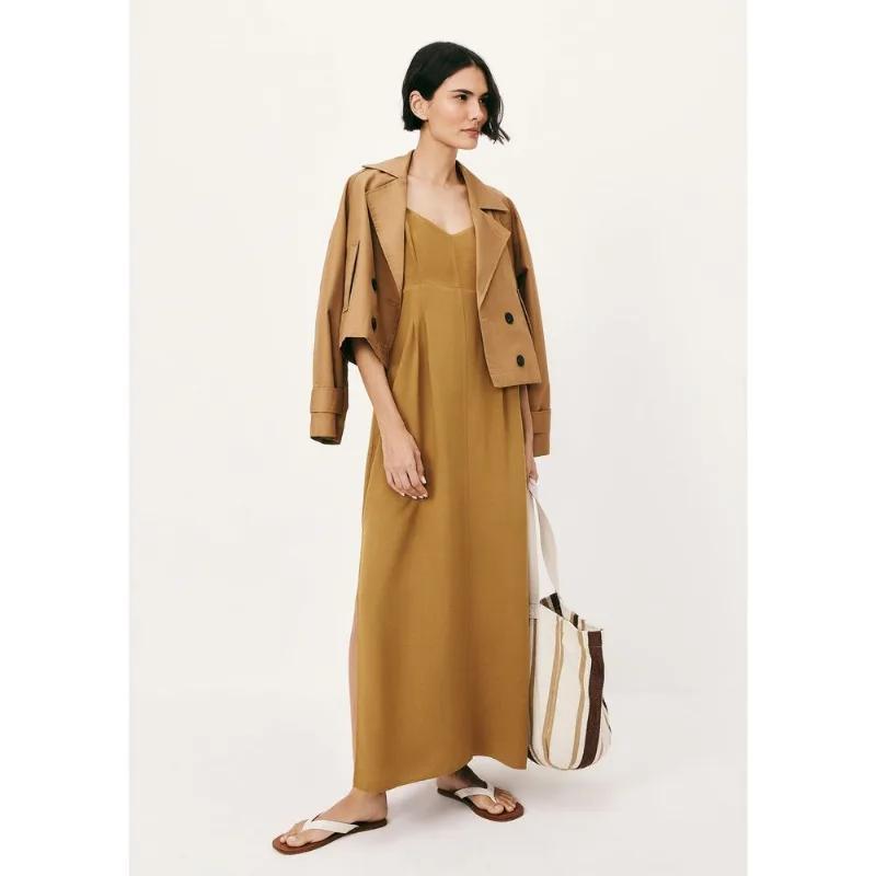 Vestido Midi Em Viscolinho Com Fenda - Marrom XG
