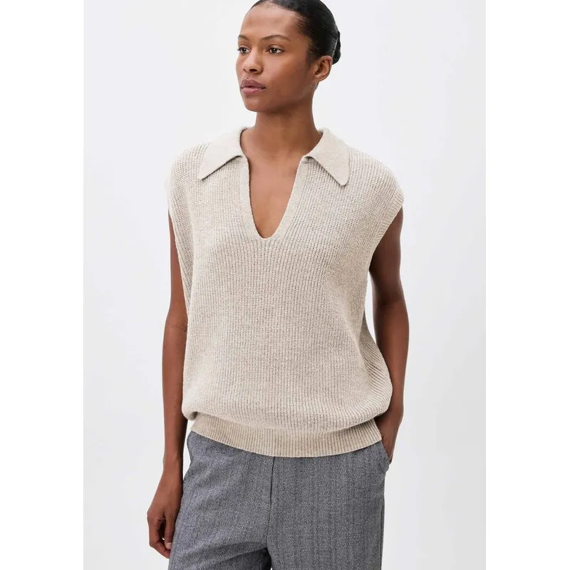 Colete Feminino Gola Polo Em Tricô - Bege G