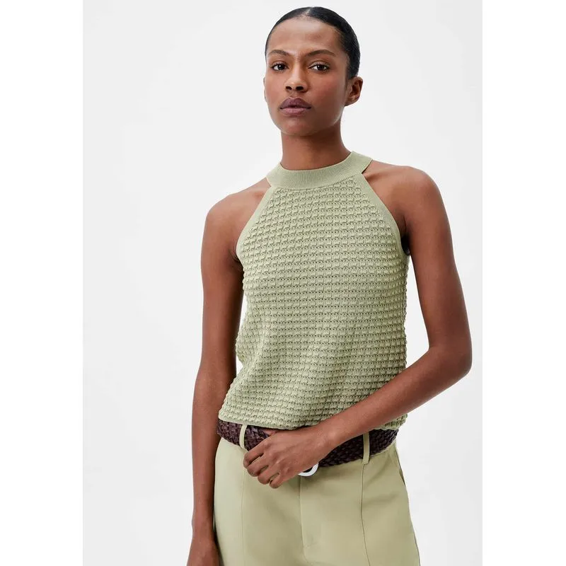 Regata Feminina Halter Neck Em Tricô - Caqui P