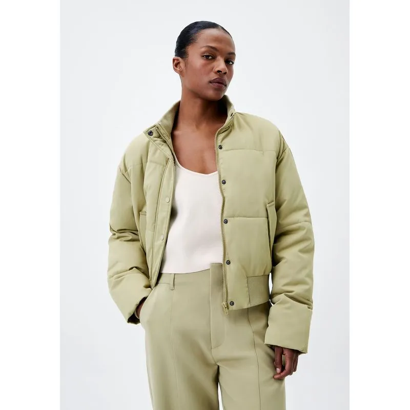 Jaqueta Puffer Feminina de Nylon - Caqui G