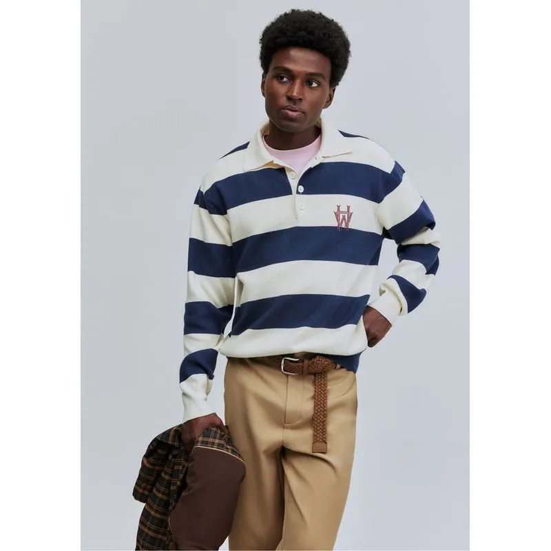 Polo Unissex Manga Longa Em Tricô Listrado Hering + Welcome - Azul P
