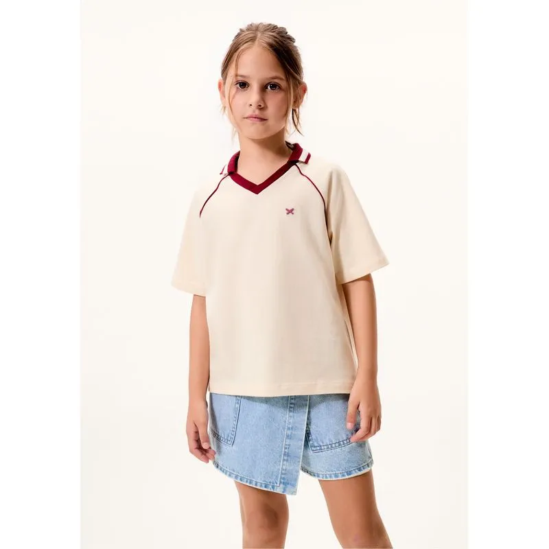 Camisa Polo Infantil Menina Em Malha Binada - Creme 006