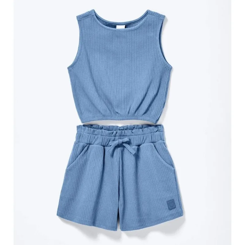 Conjunto Menina Regata Canelado Cropped/Shorts Azul - Hering 10 / Azul