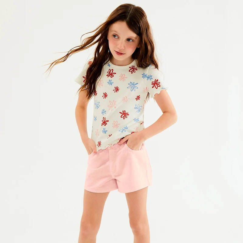 Shorts Em Sarja Hering Kids Barra Desfiada Feminina - Rosa 06 / Menina
