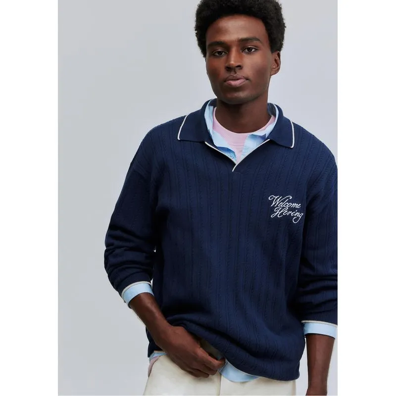 Polo Unissex Manga Longa Em Tricô Hering + Welcome - Azul P
