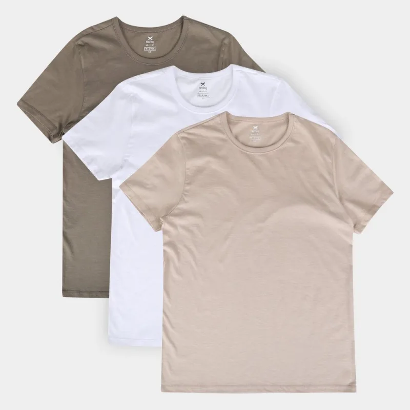 Kit Camisetas Hering Básicas Com 3 Peças Masculinas - Masculino - Verde+Bege