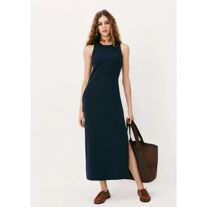Vestido Midi Em Ribana Canelada - Azul G