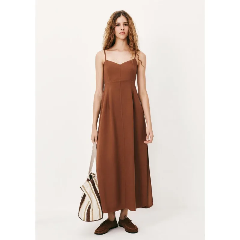 Vestido Midi Em Viscolinho Com Fenda - Marrom XG