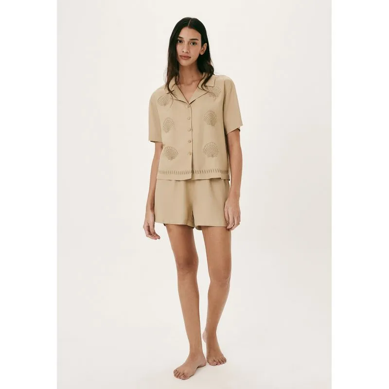 Pijama Curto Feminino Com Camisa Estampada - Bege P