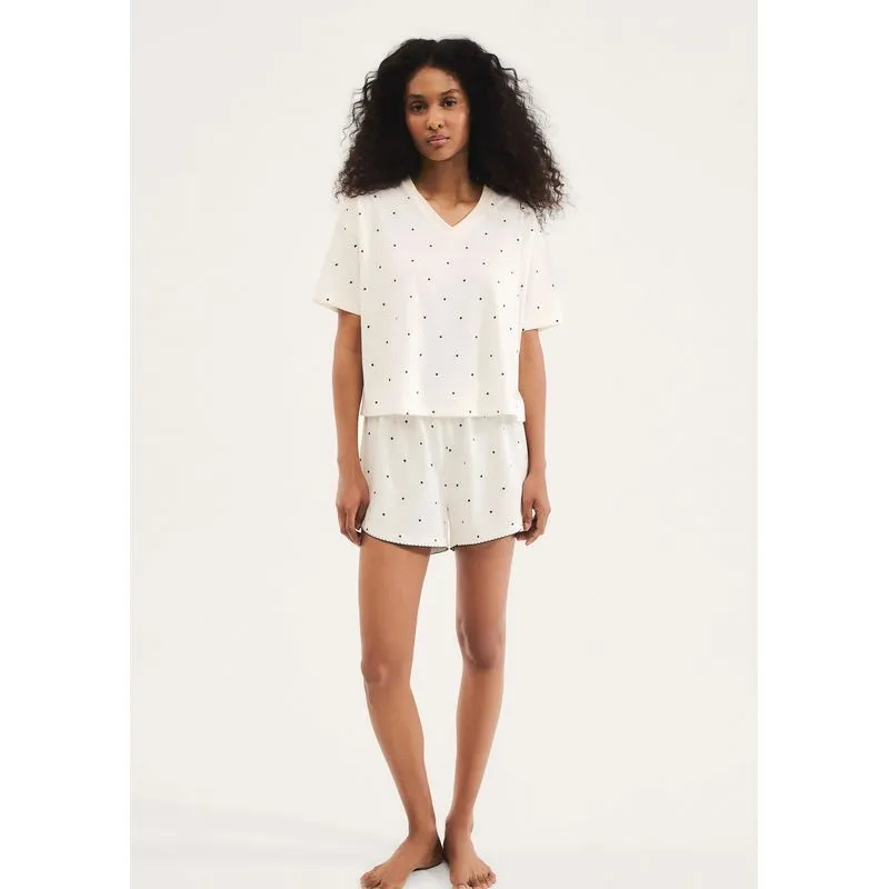 Pijama Curto Feminino Estampado Decote V - Creme P