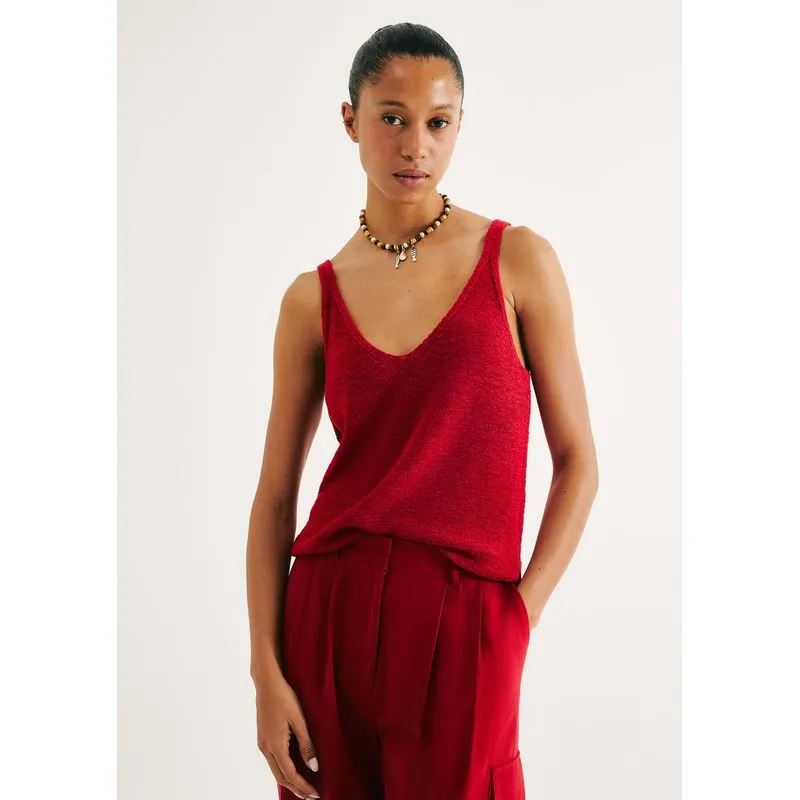 Regata Feminina Decote V Em Tricô - Vermelho P