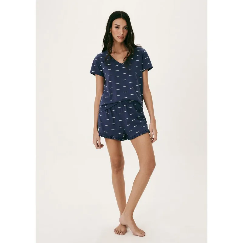 Pijama Curto Feminino Estampado Decote V - Azul M