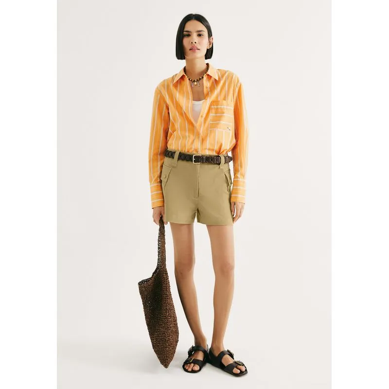Shorts Feminino Evasê Em Gabardine - Caqui 036