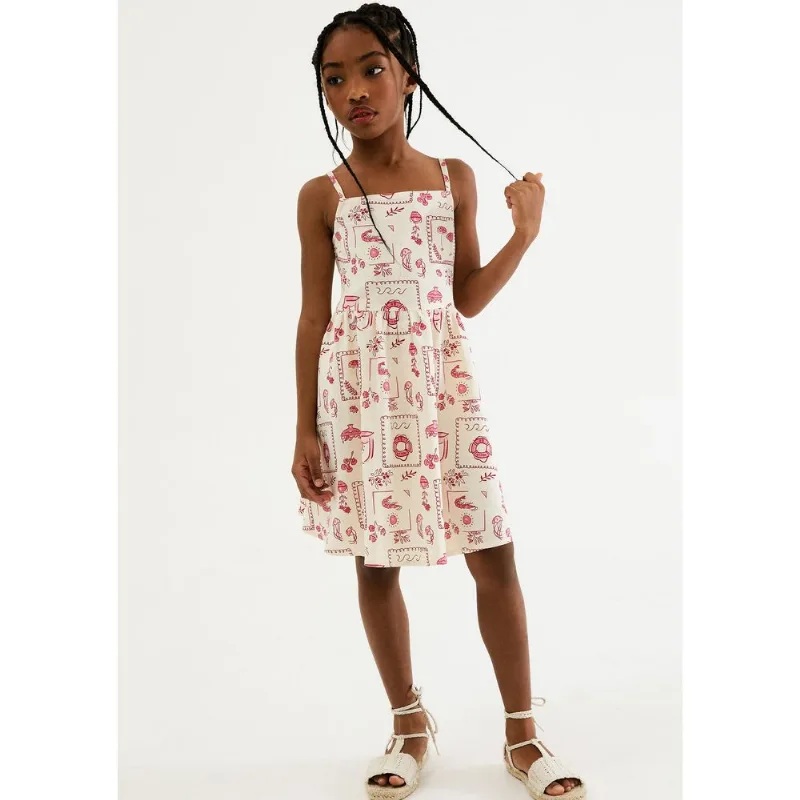 Vestido Infantil Godê Estampado Com Linho - Creme 014