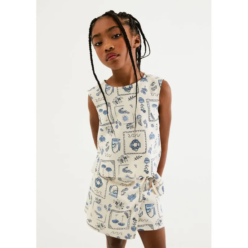 Regata Infantil Menina Estampada Com Linho - Bege 010