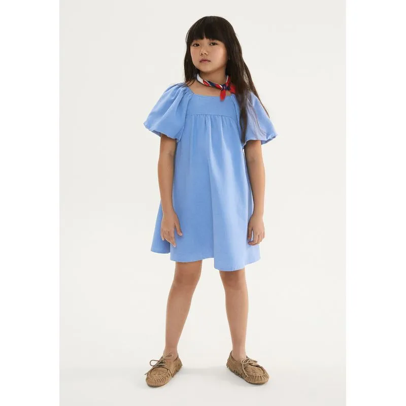 Vestido Infantil Curto Evasê Com Linho - Azul 016