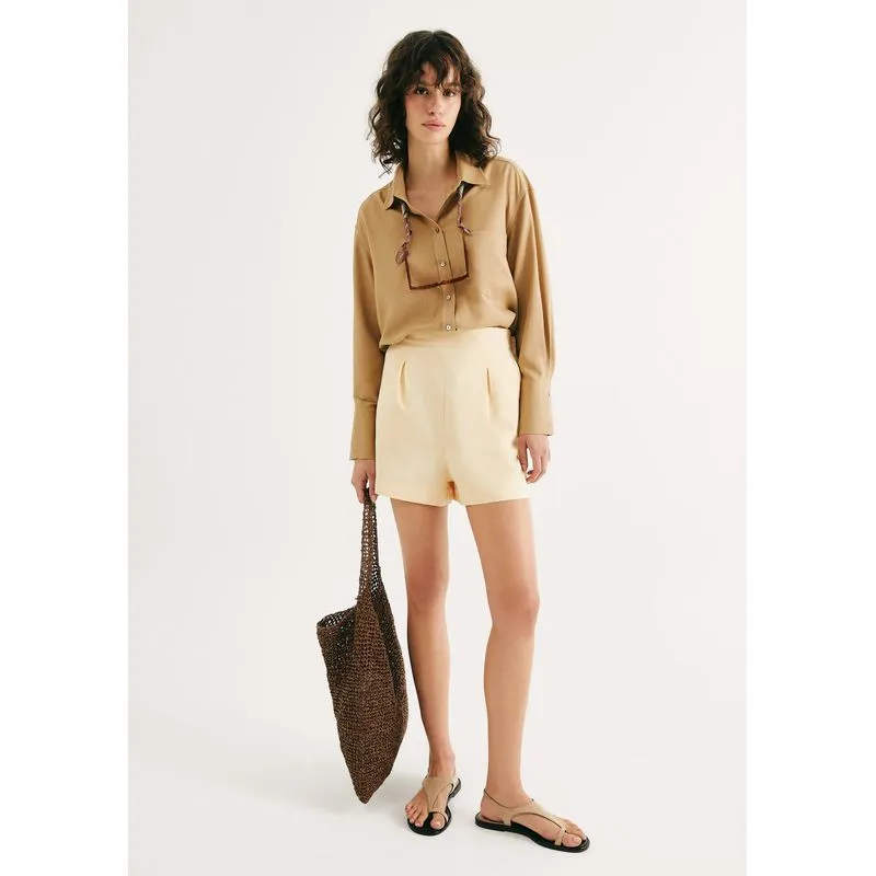 Shorts Feminino Cintura Alta Em Viscolinho - Amarelo XG