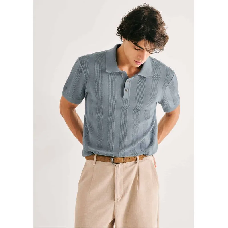 Polo Masculina Em Tricô Texturizado - Azul G