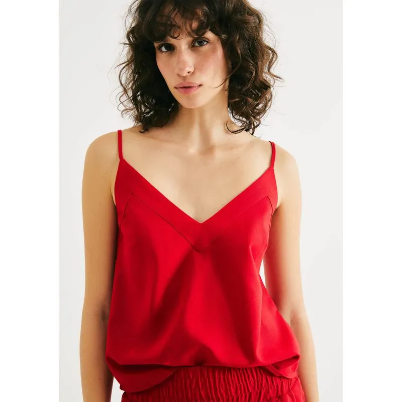Regata Feminina Decote V Em Linho - Vermelho G