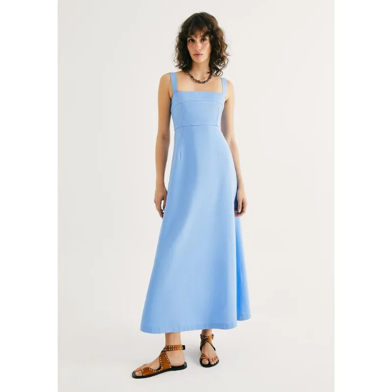 Vestido Midi Evasê Alças Médias Rústico Com Linho - Azul M