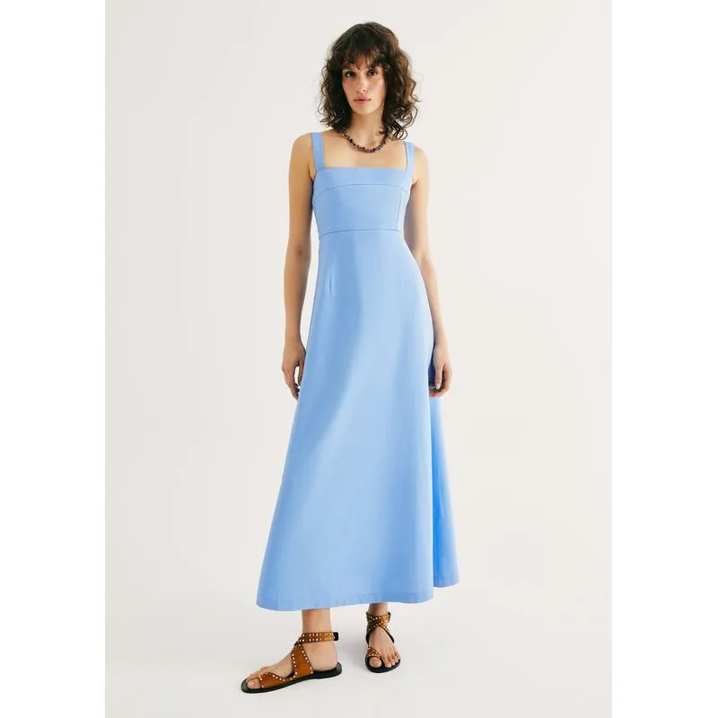 Vestido Midi Evasê Alças Médias Rústico Com Linho - Azul XG
