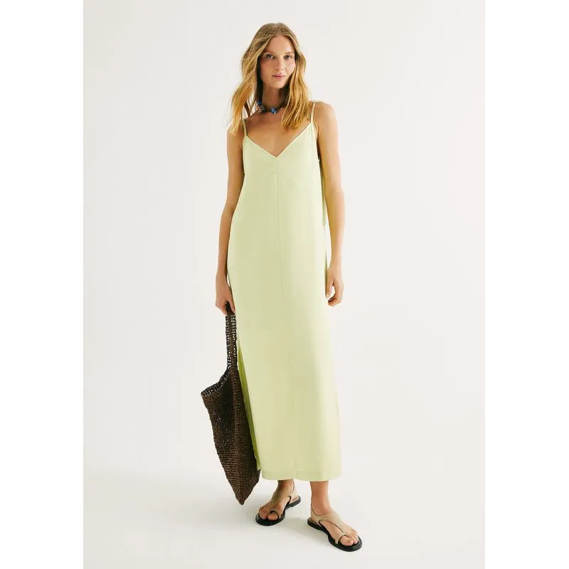 Vestido Midi Em Peach Touch Com Fenda - Verde G