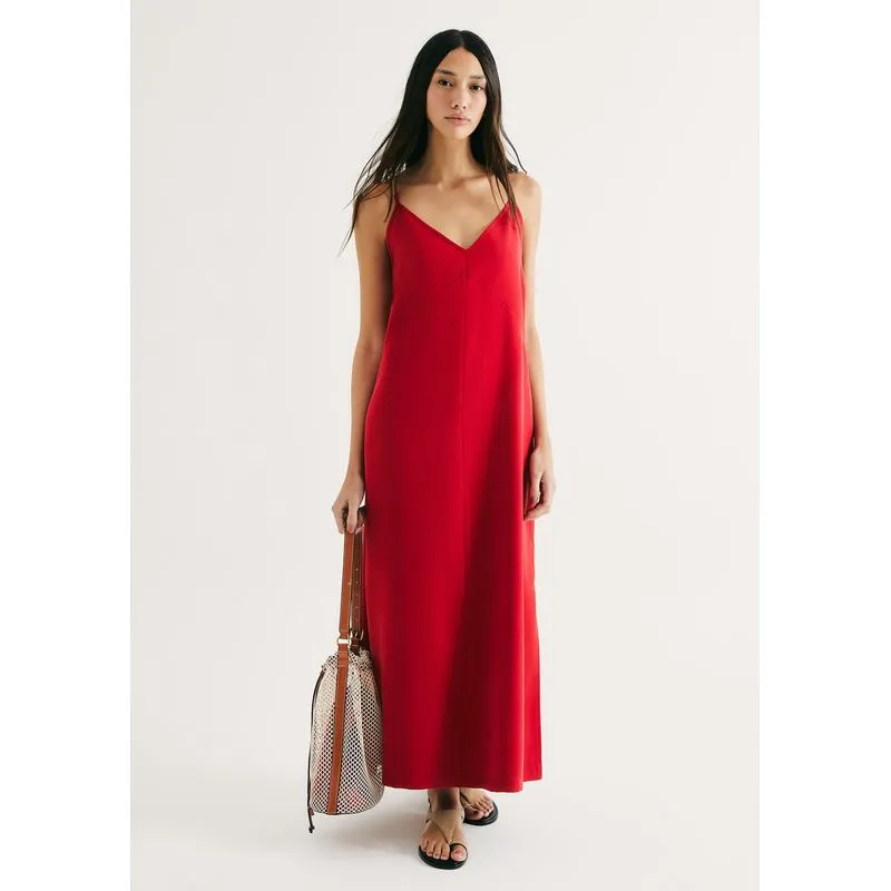 Vestido Midi Em Peach Touch Com Fenda - Vermelho M