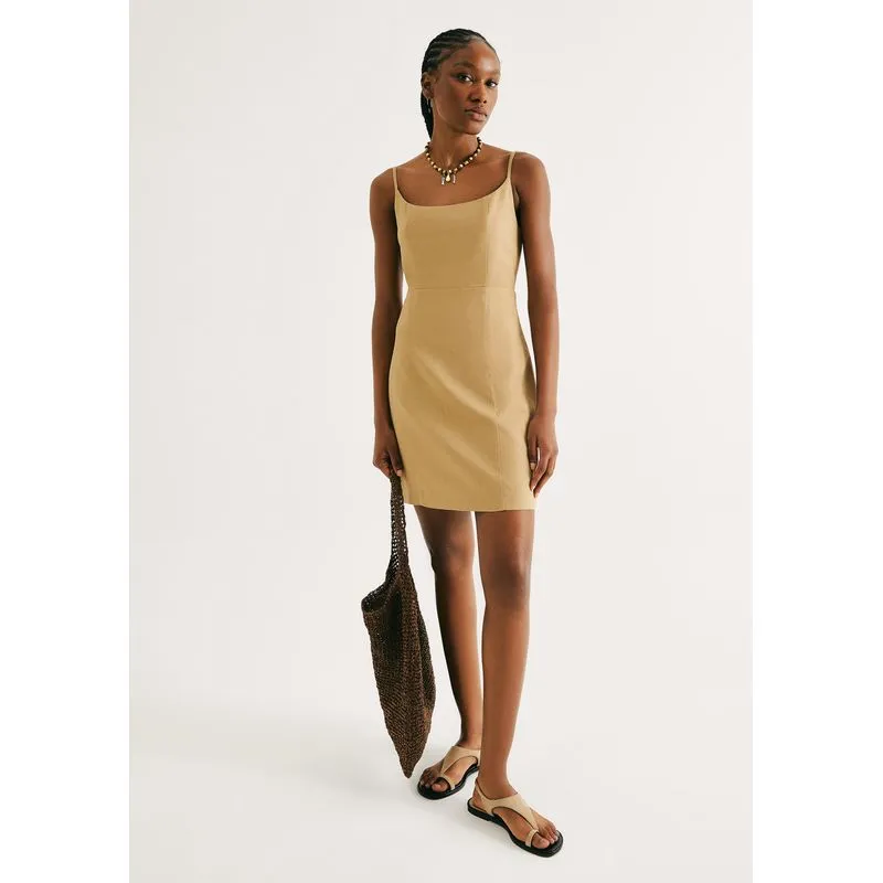 Vestido Curto Com Linho - Bege XG