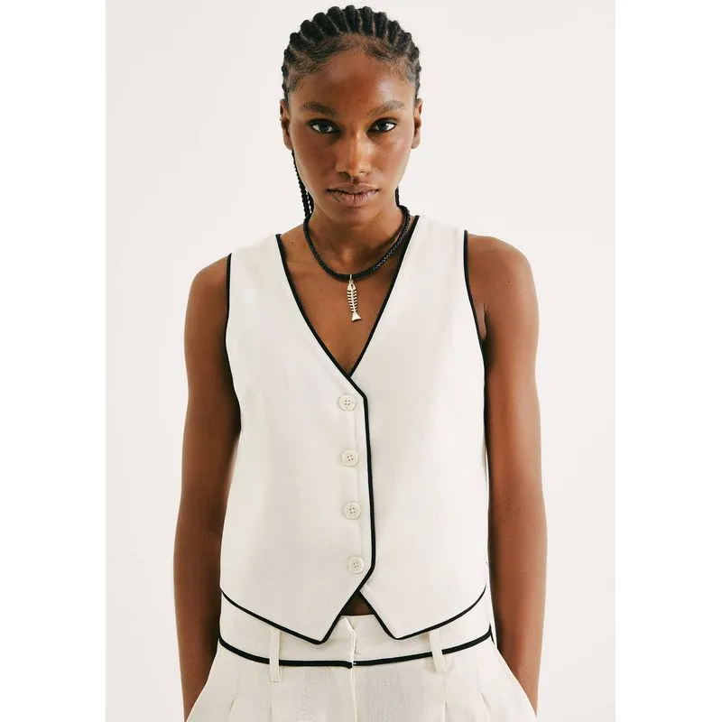 Colete Feminino Decote V Com Linho - Off white XG