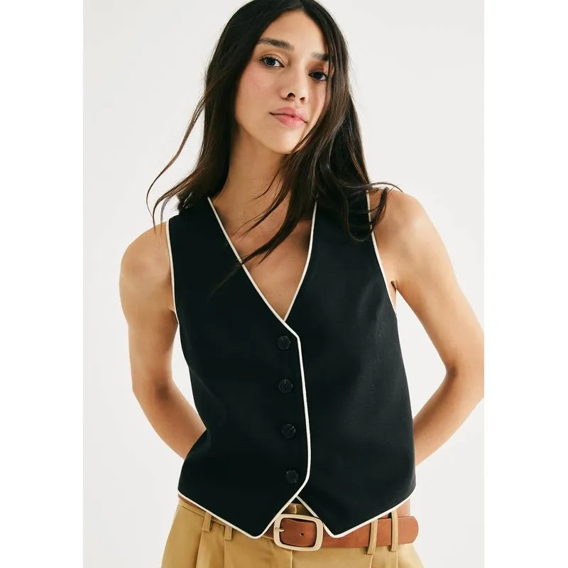 Colete Feminino Decote V Com Linho - Preto P