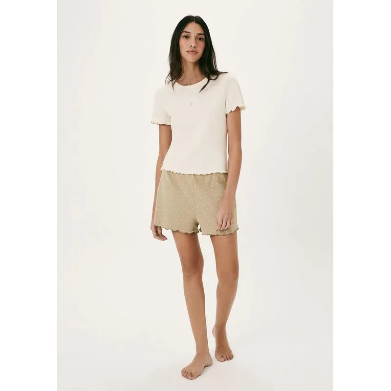 Pijama Curto Feminino Estampado Com Frufru - Creme M