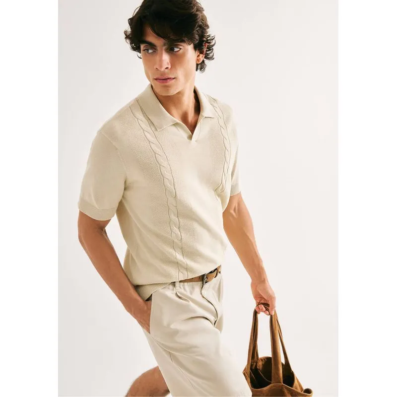 Polo Masculina Manga Curta Em Tricô - Creme G