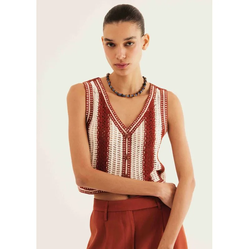 Colete Feminino Em Tricô Listrado - Terracota M
