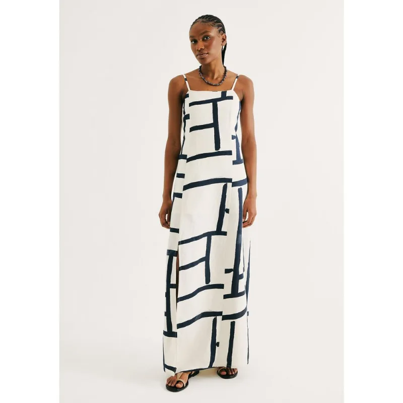 Vestido Midi Estampado Com Linho - Azul P