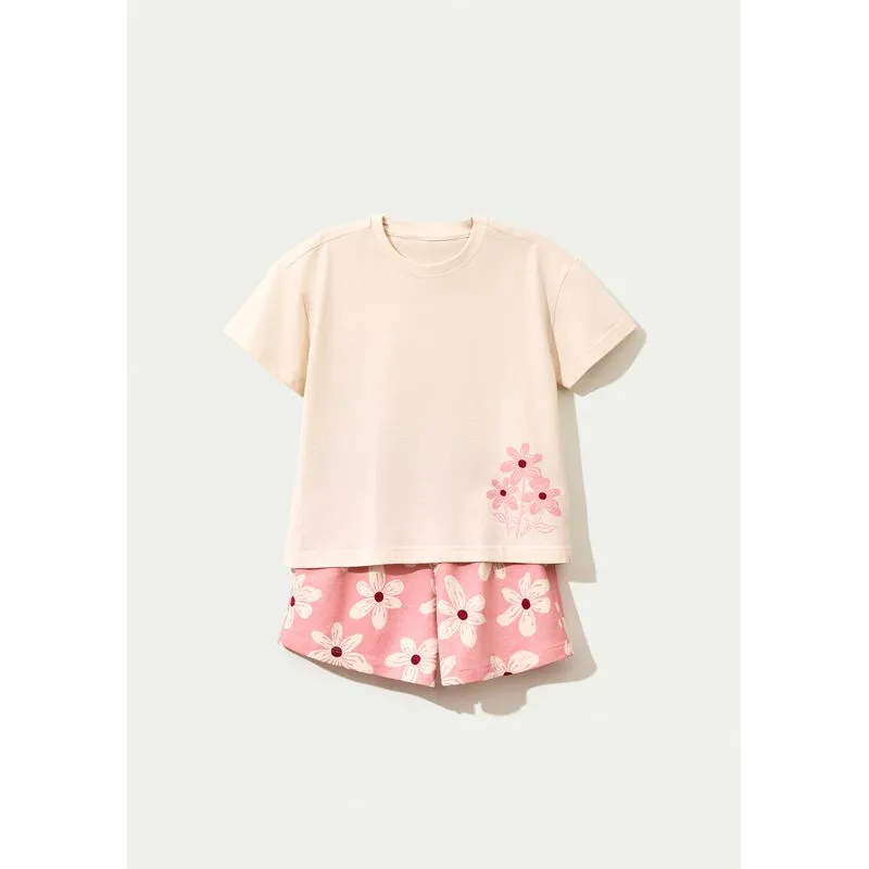 Conjunto Infantil Menina Curto Estampado - Creme 010