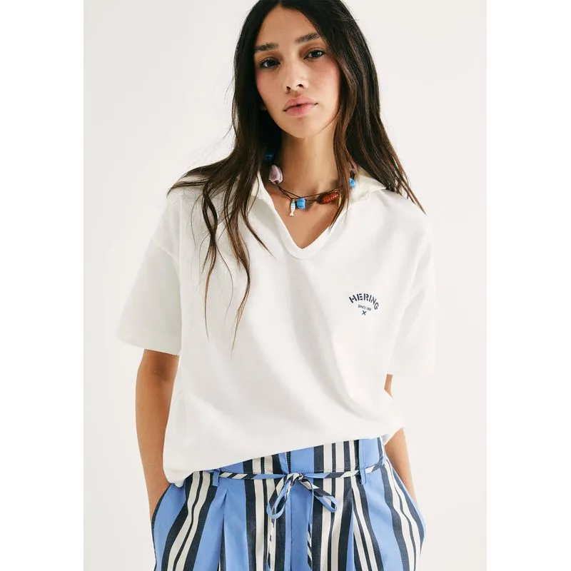 Camisa Polo Feminina Oversized Em Malha Binada - Off white M