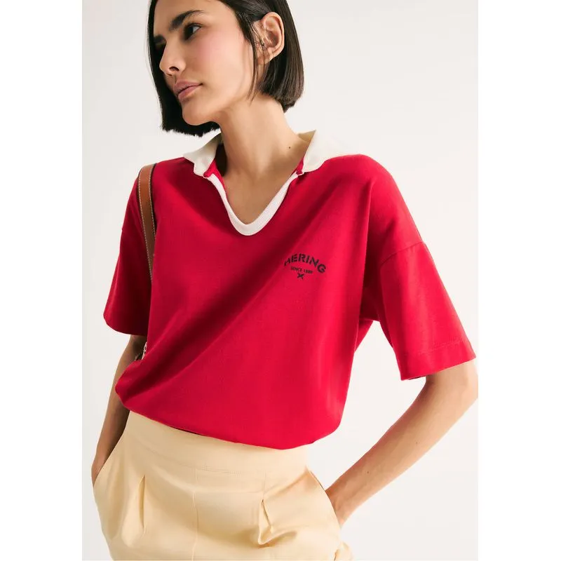 Camisa Polo Feminina Oversized Em Malha Binada - Vermelho M
