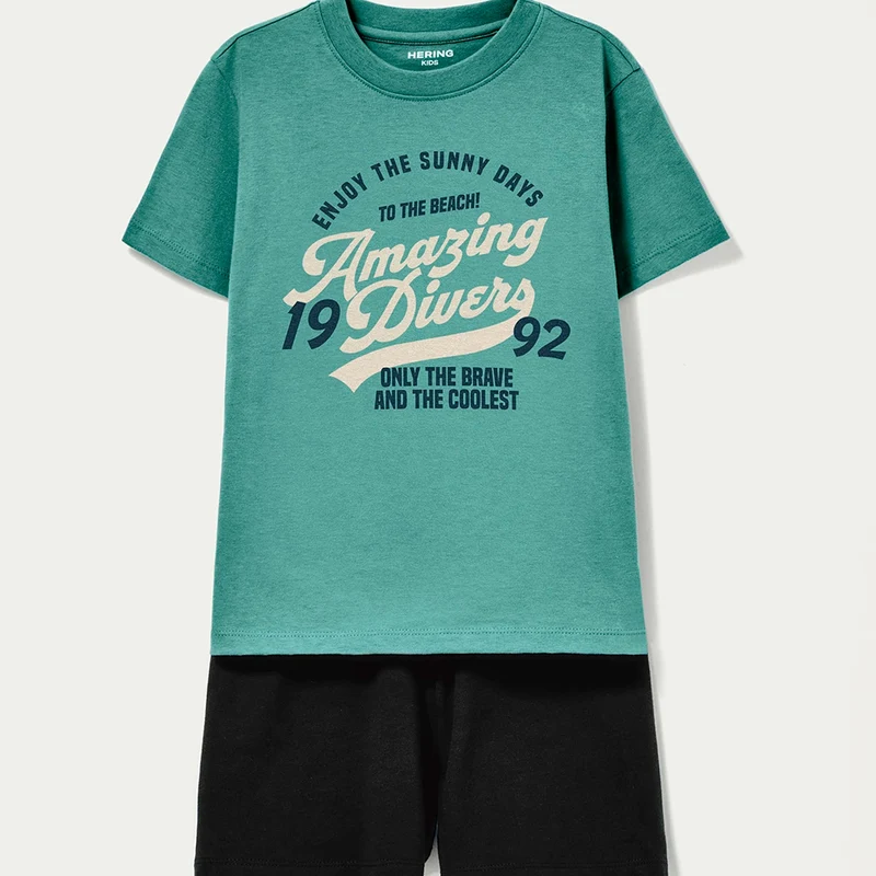 Conjunto Camiseta Manga curta e Bermuda Hering Infantil Estamapdo Masculino - Verde/Azul 14 / Menino / Azul