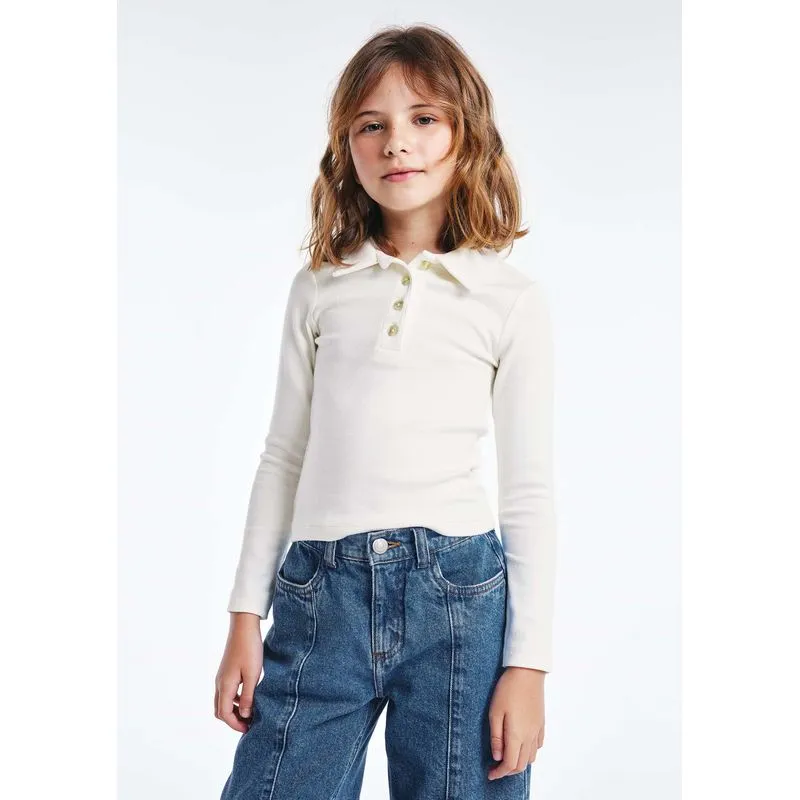 Polo Infantil Menina Manga Longa Em Ribana - Off white 006