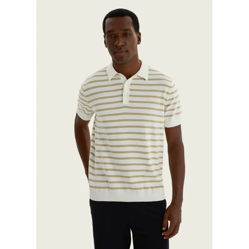 Polo Masculina Manga Curta Em Tricô Listrado - Bege G
