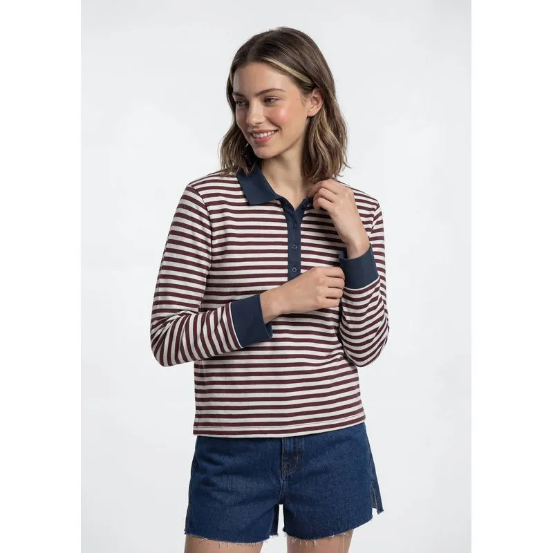 Blusão Polo Feminino Fio Tinto Listrado - Vinho G