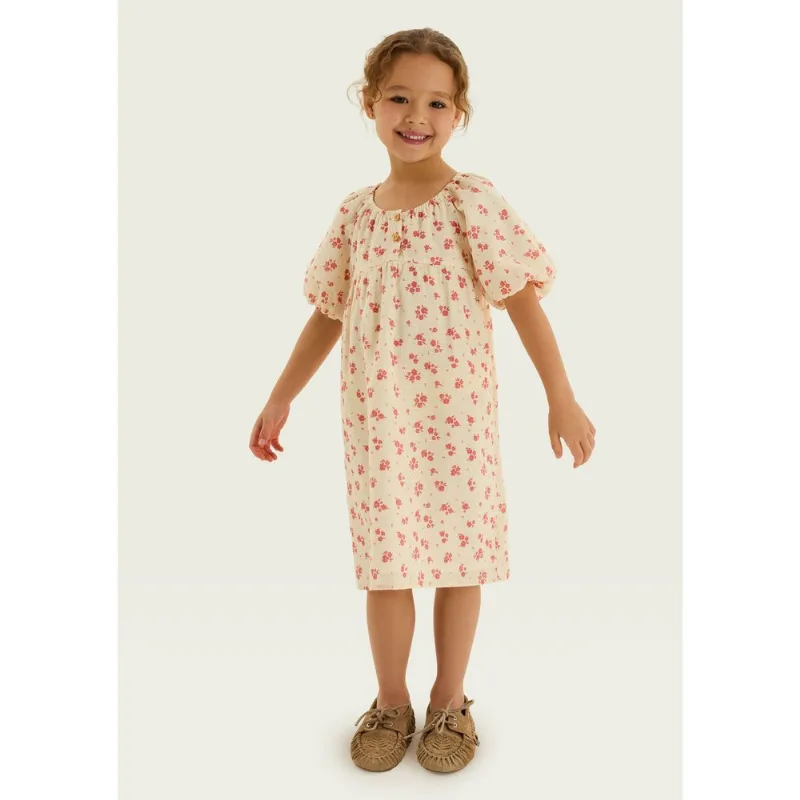 Vestido Infantil Manga Balonê Em Viscose - Creme 008
