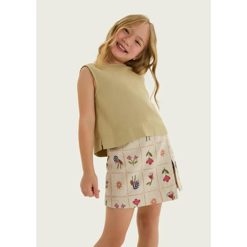 Regata Infantil Menina Estampada Com Linho - Bege 006