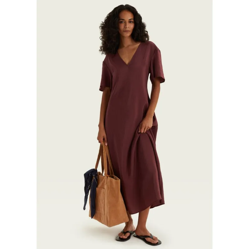 Vestido Midi Acinturado Decote V - Vinho G
