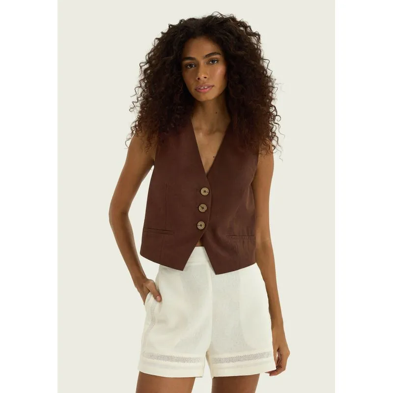 Colete Feminino Alfaiatado Com Linho - Marrom P