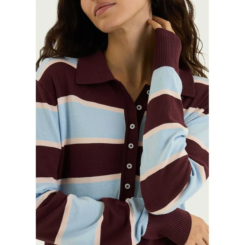 Polo Feminina Manga Longa Listrada Em Tricô Leve - Azul G